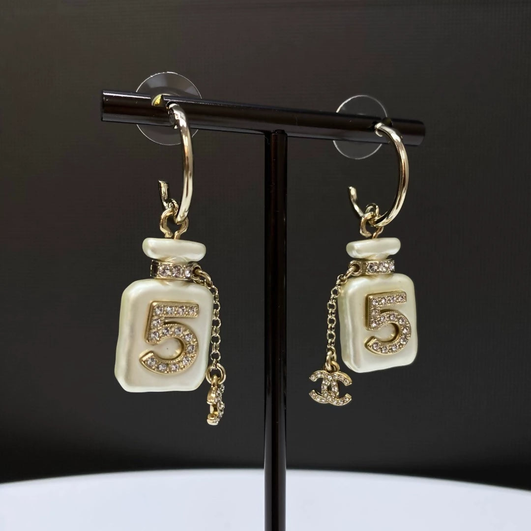 Chanel 22s Pearl White No. 5 perfume bottle pendant earrings