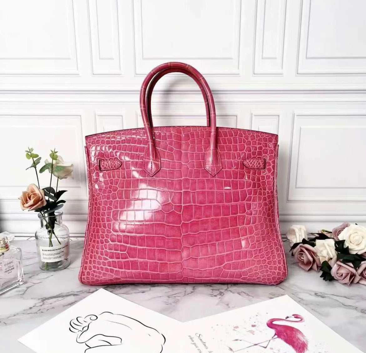 Hermes Birkin 35 Rose Pourpre Shiny Porosus Crocodile Palladium Hardware