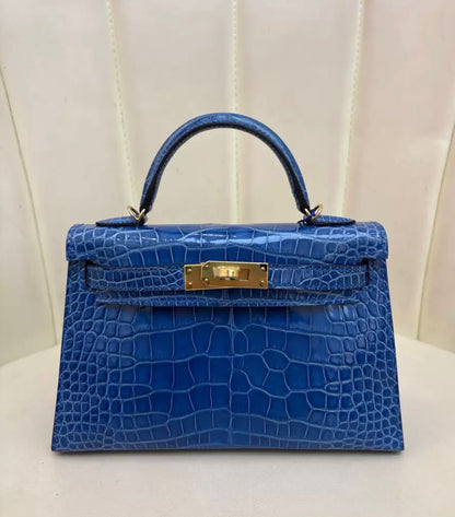 Hermes Mini Kelly 20 Blue Zellige Shiny crocodile leather gold hardware