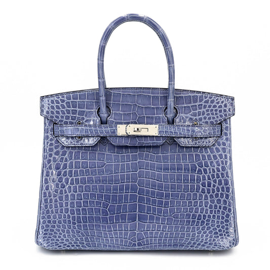Hermes Birkin 30 Bleu Brighton Shiny Porosus Crocodile Palladium hardware