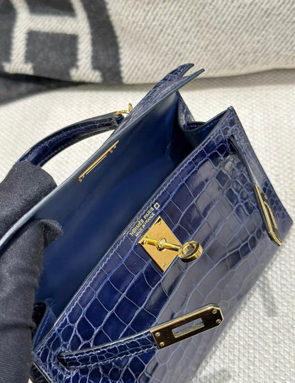 HERMES KELLY 20 MINI SELLIER BLEU SAPHIR SHINY ALLIGATOR PALLADIUM HARDWARE