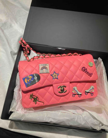 Chanel 24C Flap Bag in Pink Leather Embellished with Charms