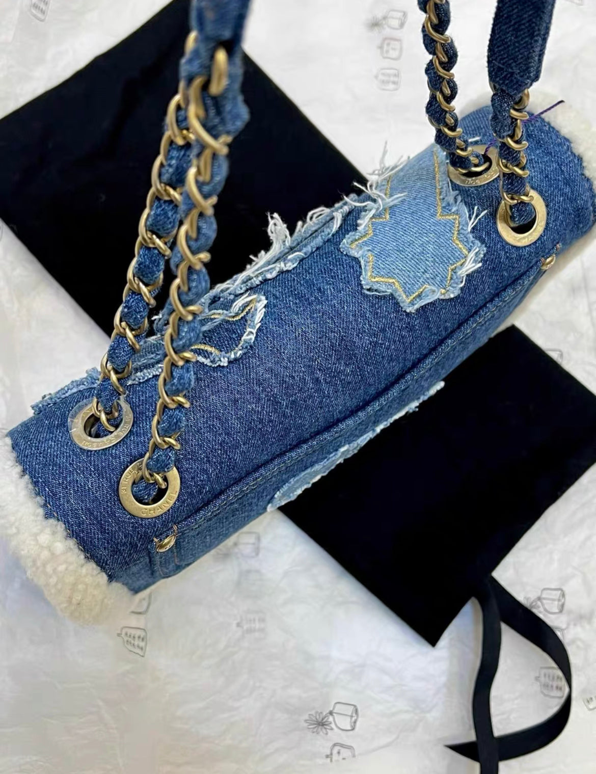 Chanel 19 Paris-Egypt Blue Denim & Shearling Hieroglyph Flap Medium