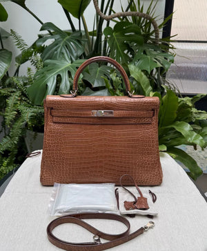 Hermès Kelly 35 Gold Matte Crocodile Palladium Hardware