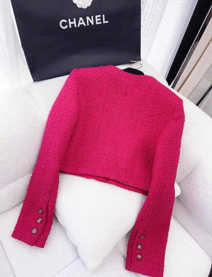 Chanel 21K rose red tweed cropped jacket size 36