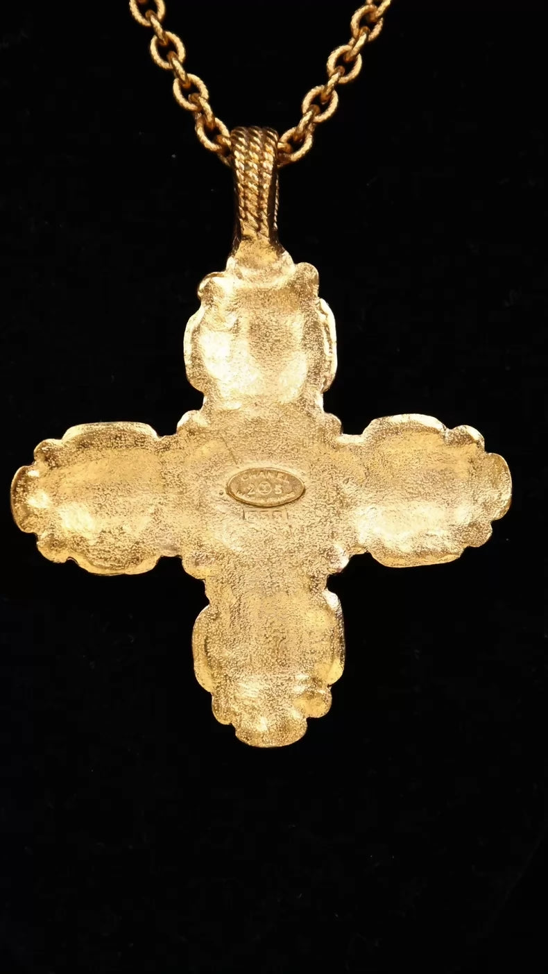 Vintage Chanel 1991 Red and Green Glass Cross Pendant Necklace