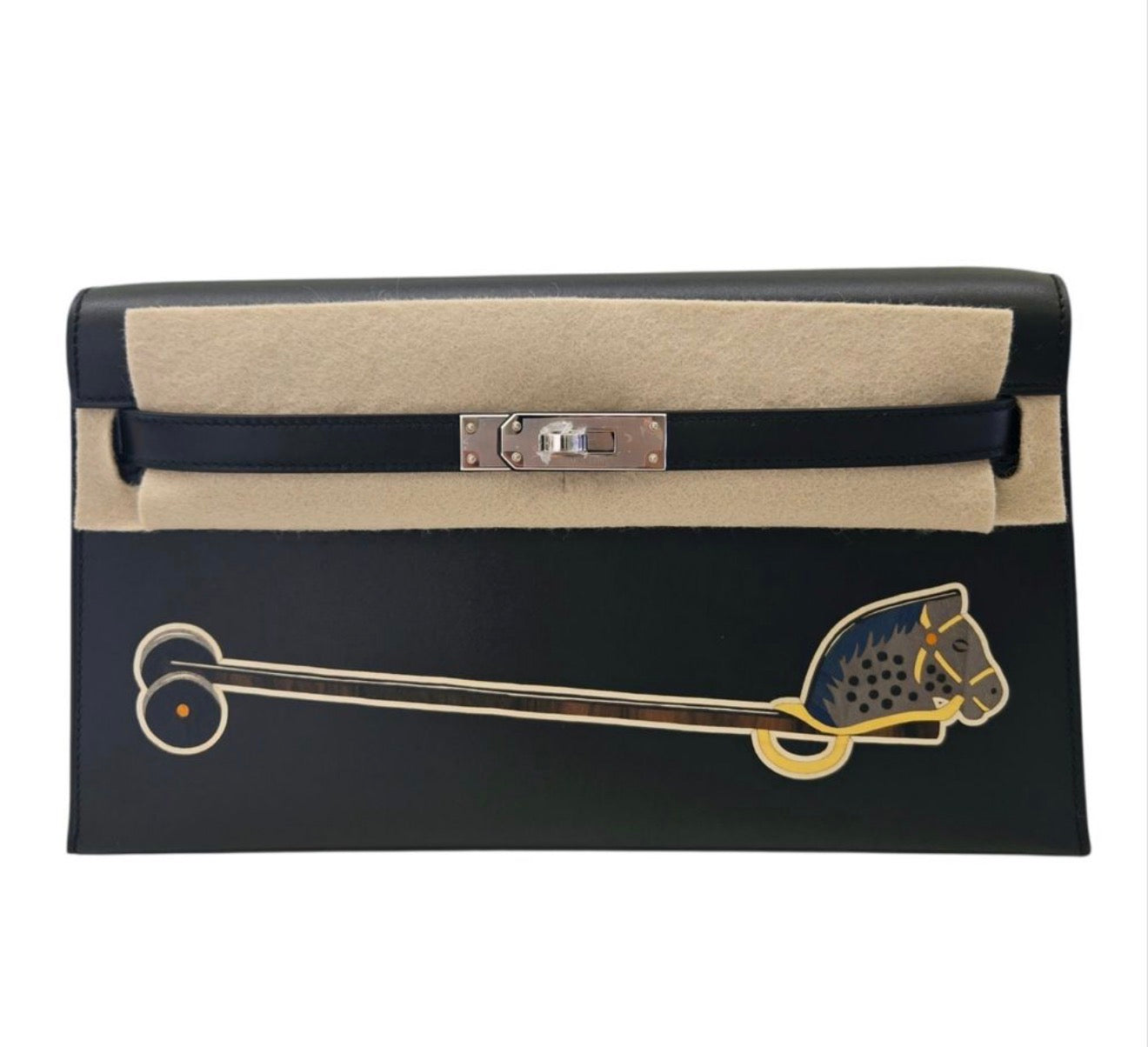 Hermès Kelly Elan "Cheval De Bois" Black and Multi Tadelakt Palladium Hardware