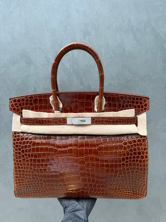 Hermès Birkin 35 Miel shiny crocodile leather White gold Diamond hardware