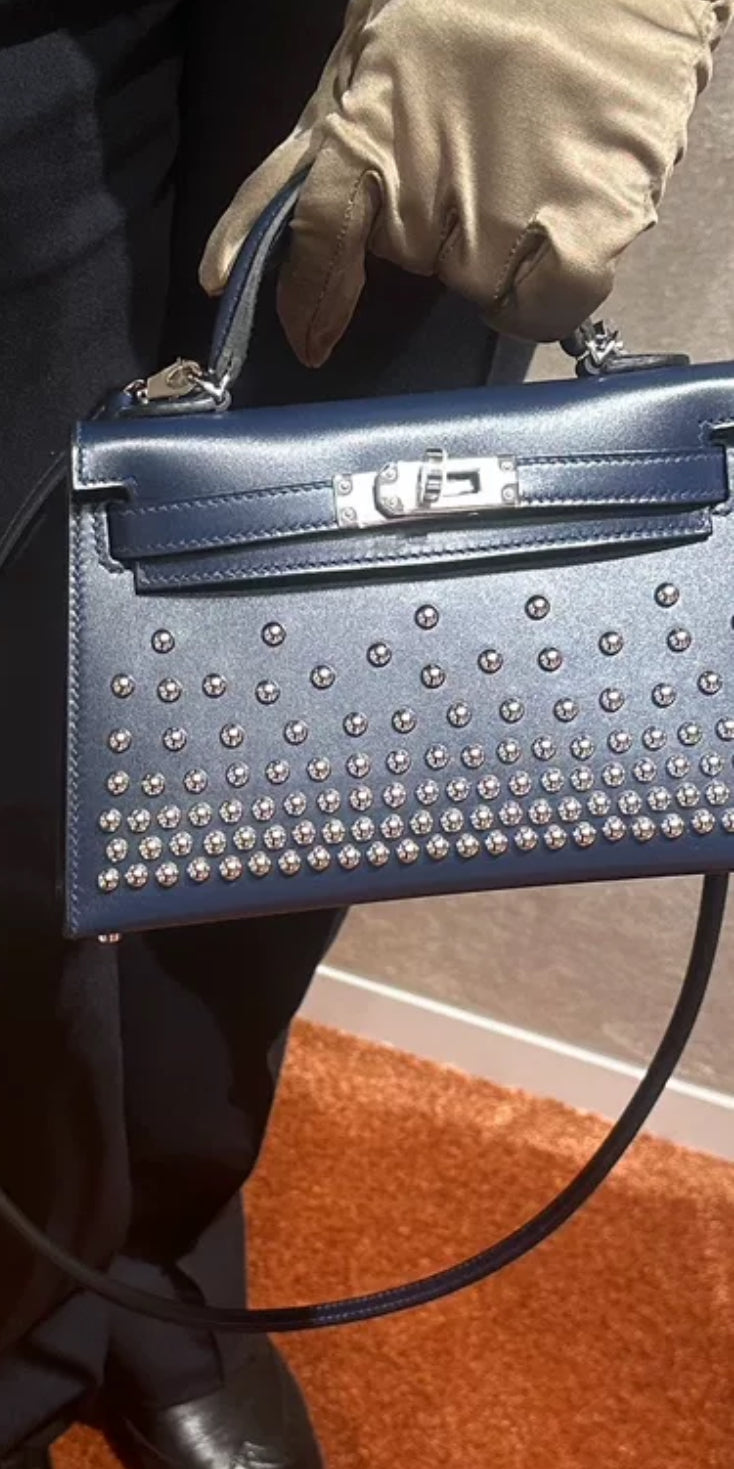 HERMÈS KELLY MINI CLOUTE BLEU ABYSS BOX CALF STUDDED LEATHER PALLADIUM HARDWARE