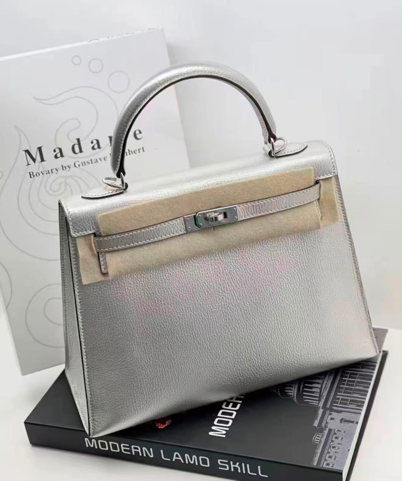 Hermes Kelly 25 Argenté Chevre palladium hardware  (rare, Olympique collection)
