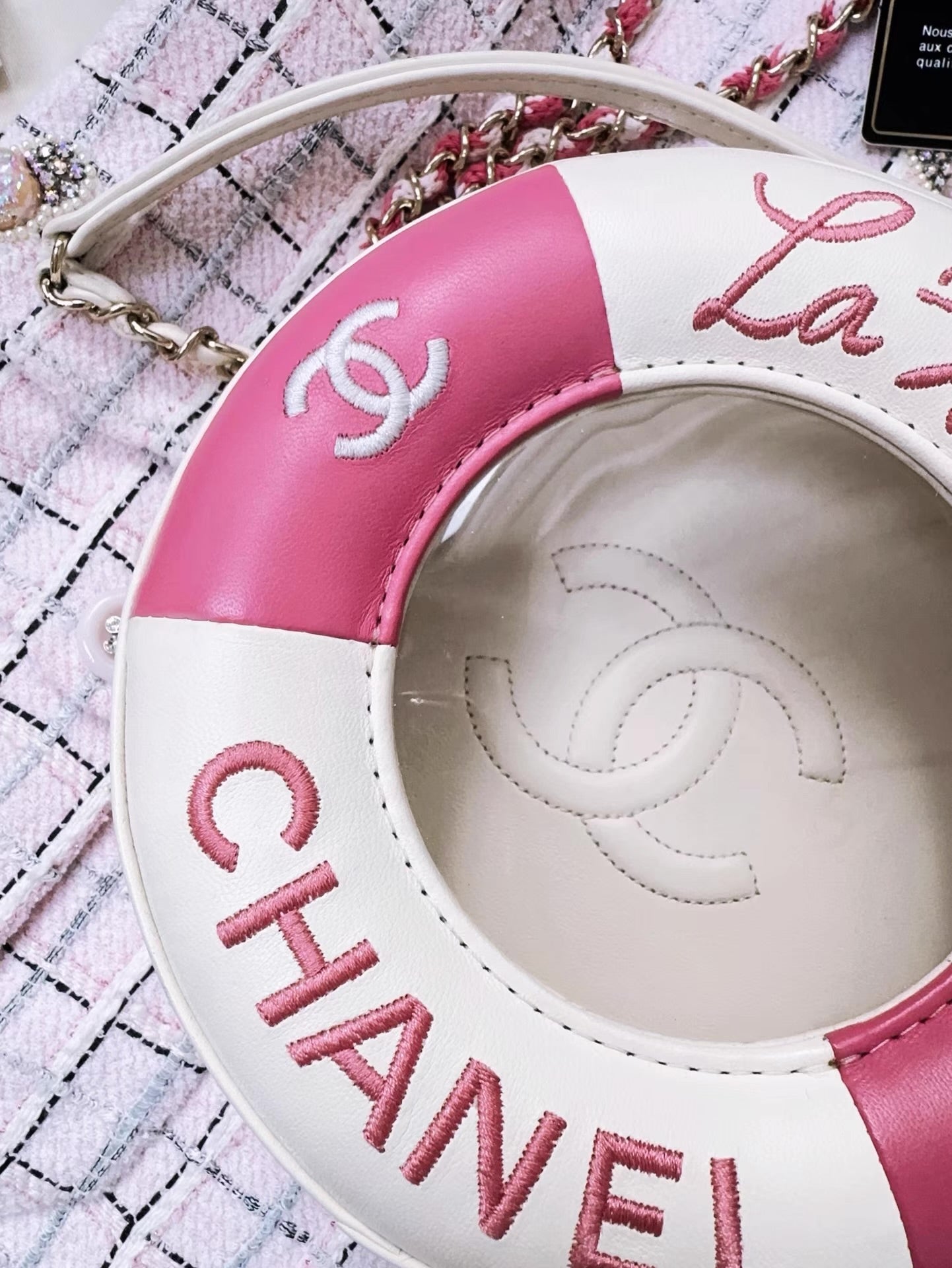 Chanel 19C Pink/White Lambskin Leather Coco Lifesaver Small Round Bag