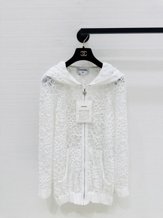 Chanel 25B white lace hooded jacket