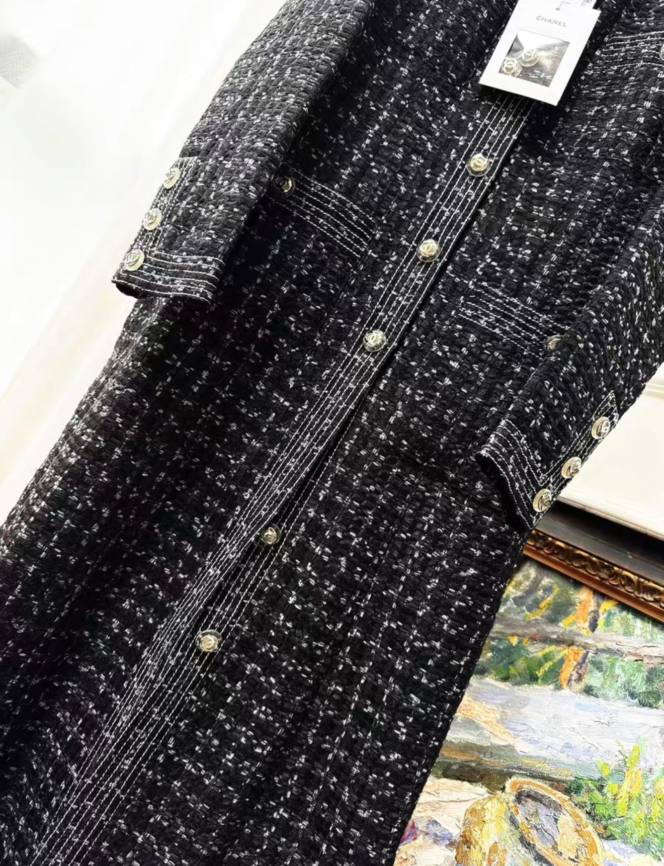 Chanel 20p black houndstooth long coat