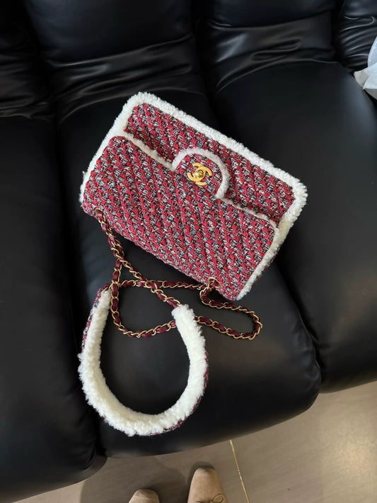 Chanel's 21 red white tweed flap bag