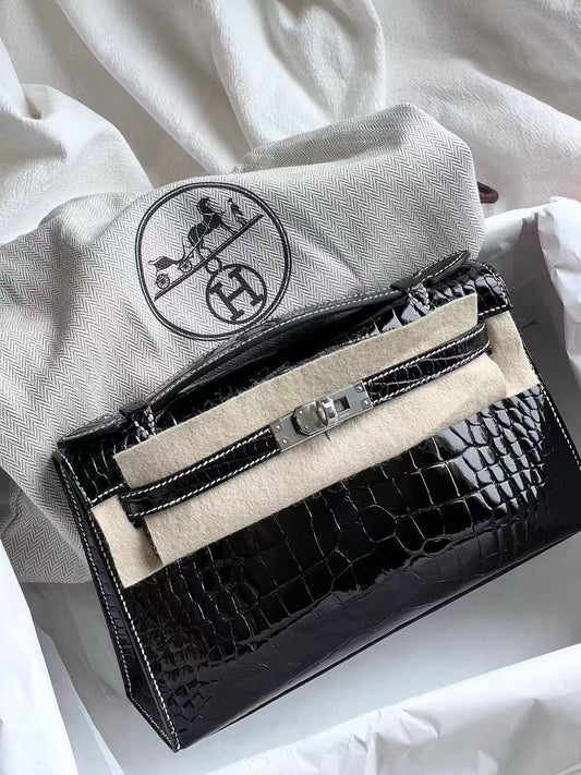 Hermès Kelly Pochette Black Shiny Porosus Crocodile Palladium Hardware
