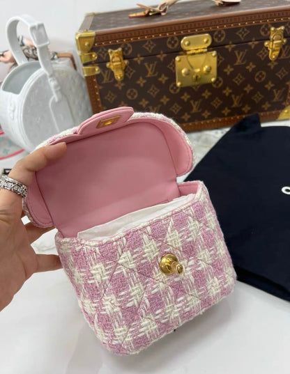 Chanel 23S Top Handle Bag in Pink Tweed Houndstooth Gold Hardware