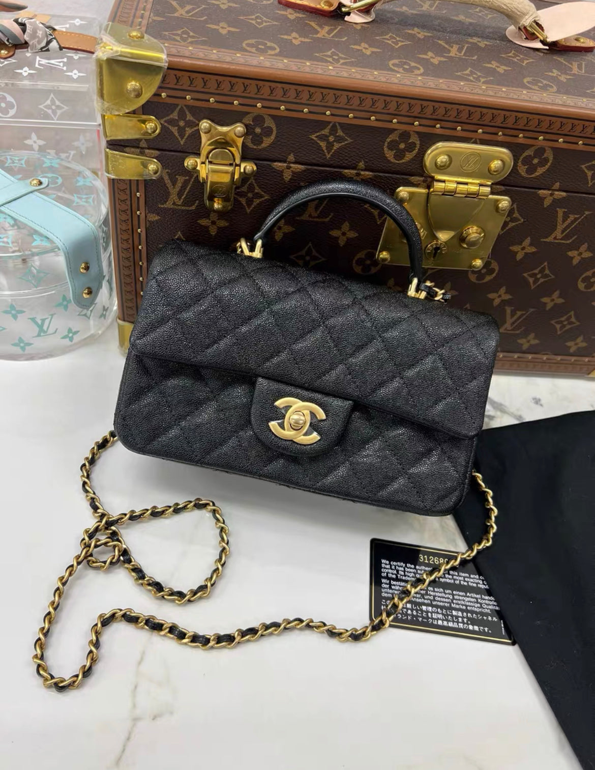 Chanel Black Caviar Quilted Mini Top Handle Rectangular Flap with Gold Hardware