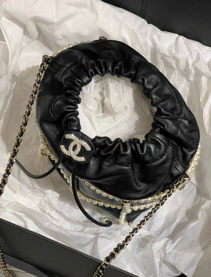 CHANEL 2021 BUCKET CRYSTAL CC LOGO PEARL CHAIN BAG LAMBSKIN BLACK