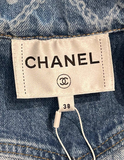 CHANEL 23A BLUE JEANS DENIM JACKET CC LOGO CAMELLIA FLOWER PRINT SIZE 38