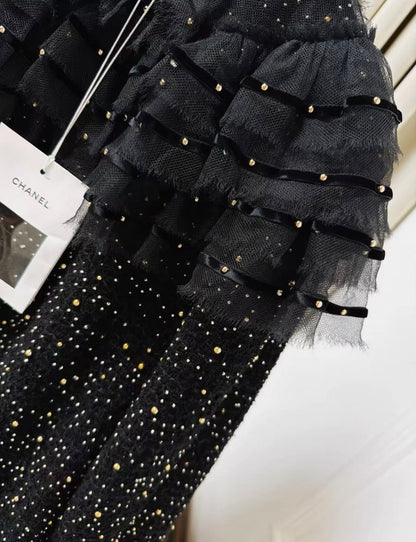 Chanel 21A black tweed mesh pearl sequinned long dress