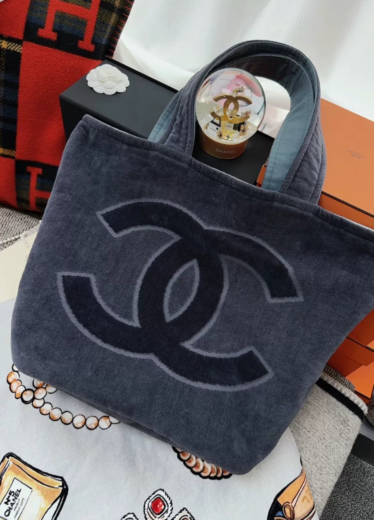Chanel 20A limited edition gray graffiti beach bag & towel set