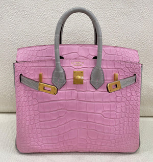 Hermes Birkin 25 HSS bubblegum Gris Perle matte crocodile leather brushed gold hardware