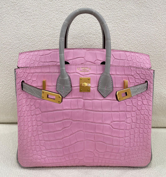 Hermes Birkin 25 HSS bubblegum Gris Perle matte crocodile leather brushed gold hardware