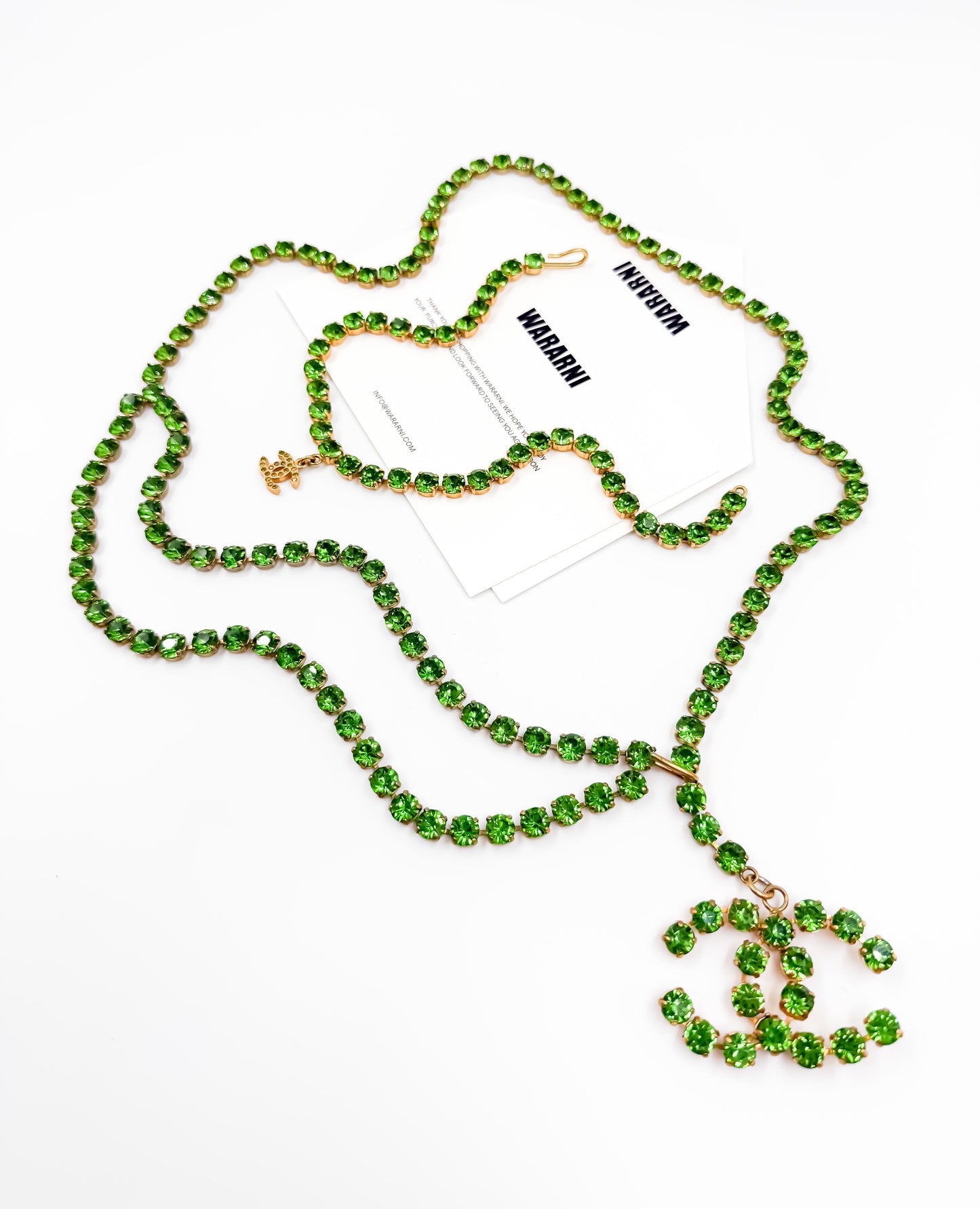 Chanel 1995P Vintage Barbie Collection Green Rhinestone Belt & Necklace Set