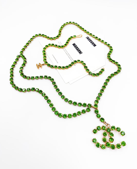 Chanel 1995P Vintage Barbie Collection Green Rhinestone Belt 
Necklace Set
