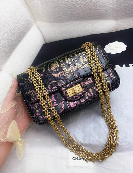 CHANEL 19A IRIDESCENT PINK, GREEN AND GOLD GRAFFITI PRINT BLACK CROCODILE 2.55 MINI CLASSIC FLAP BAG