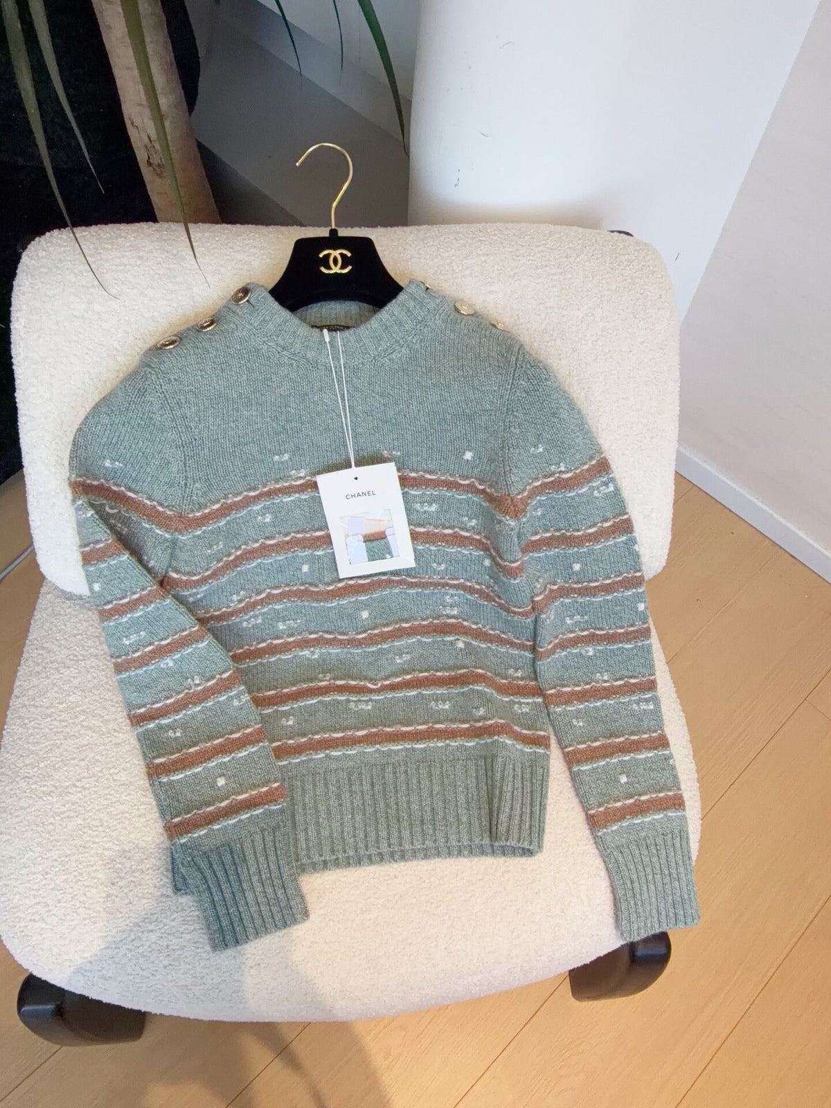 Chanel crew-neck knit sweater in sage green with terracotta and cream stripes and gold-tone shoulder buttons