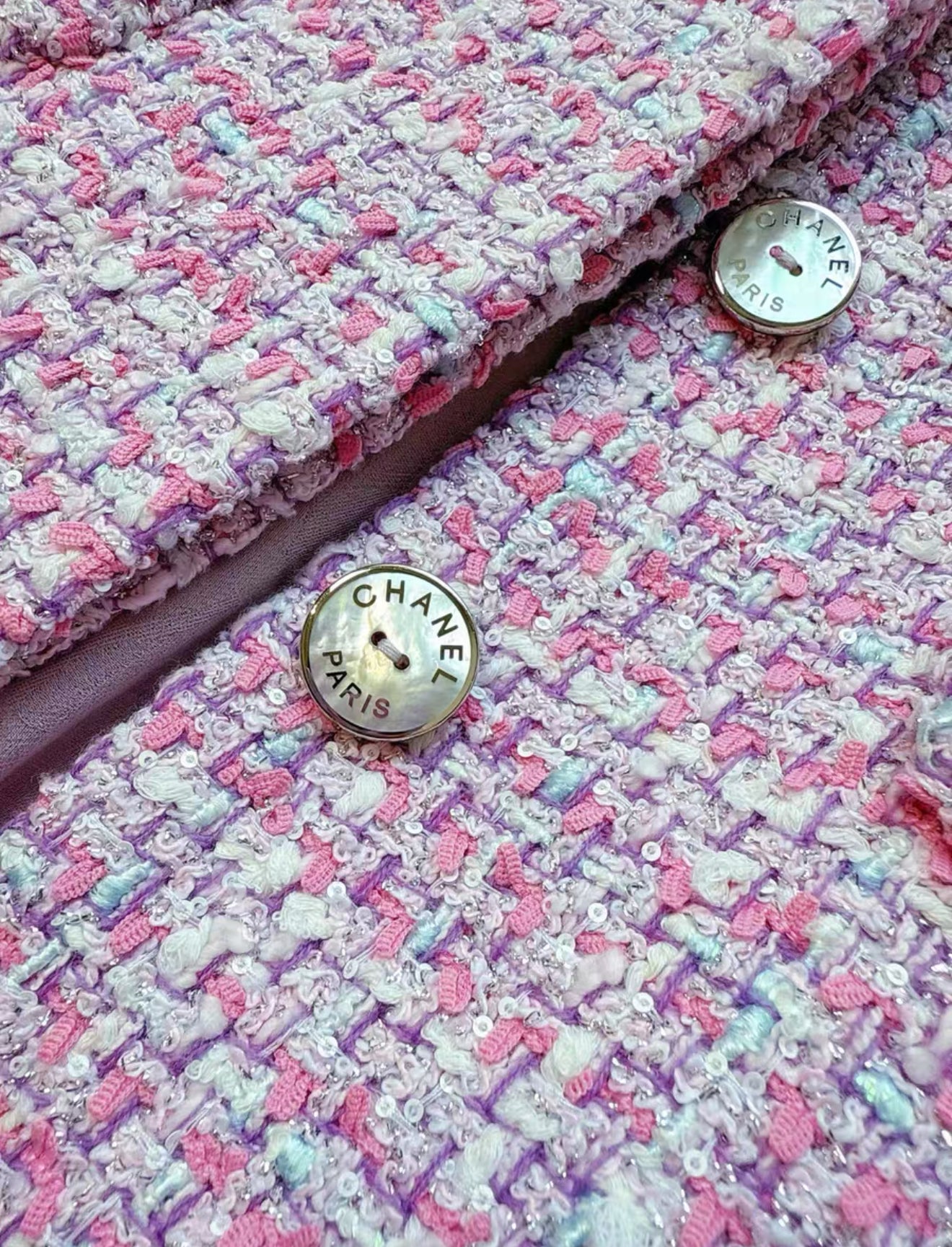 Chanel 23S pink tweed with pearls dress jacket