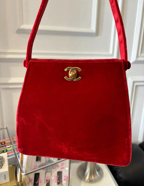 Chanel Rare Vintage Classic Velvet Red Kelly Bag Gold Plated