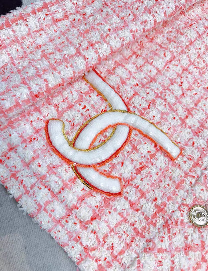 Chanel 24P pink and white double C pocket jacket