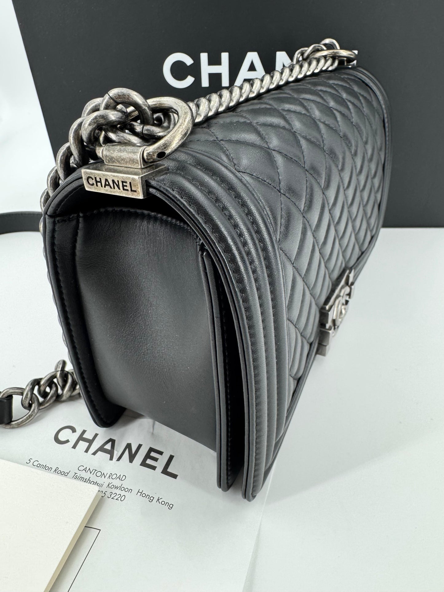 Chanel Boy black leather bag silver hardware