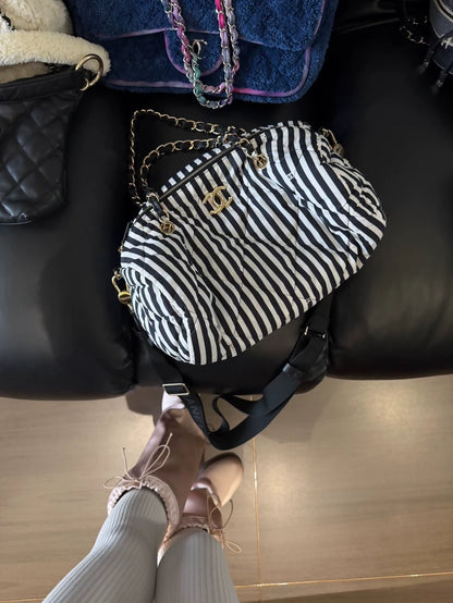 Chanel 24 coco Beachblack and white stripes double chain shoulder bag