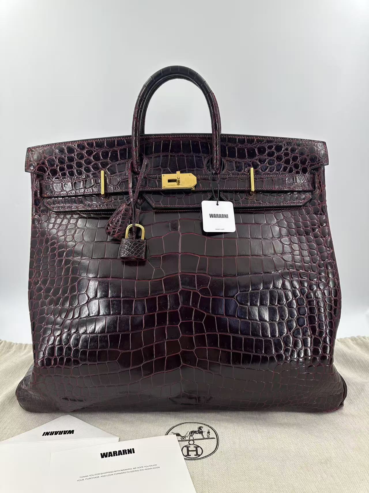 Hermès HAC 50 Bordeaux Porosus Crocodile Gold Hardware