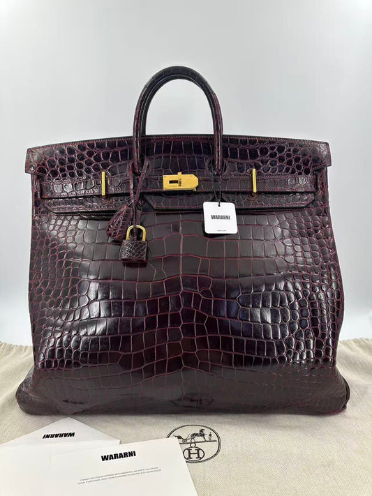 Hermès HAC 50 Bordeaux Porosus Crocodile Gold Hardware
