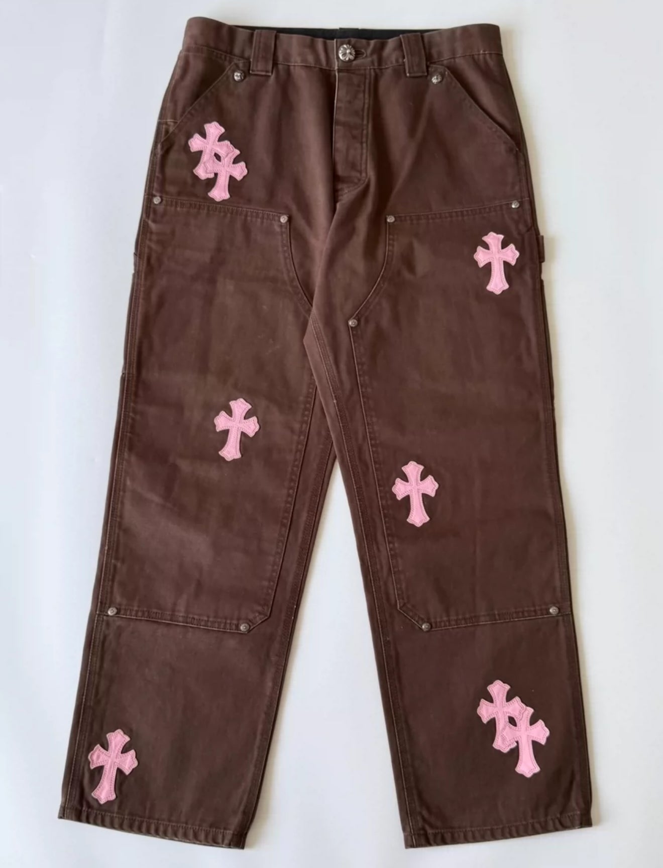 CHROME HEARTS PINK CROSS PATCH BROWN CARPENTER PANTS