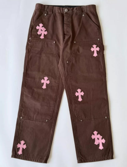 CHROME HEARTS PINK CROSS PATCH BROWN CARPENTER PANTS
