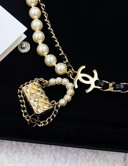 Chanel CC Pearl Leather Bag Pendant Necklace