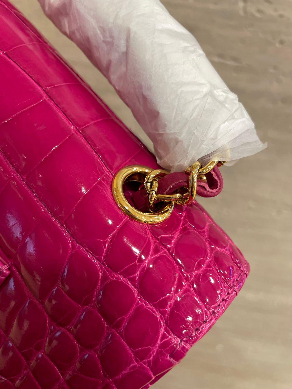 Chanel Medium Pink crocodile Alligator Flap Bag Gold Hardware