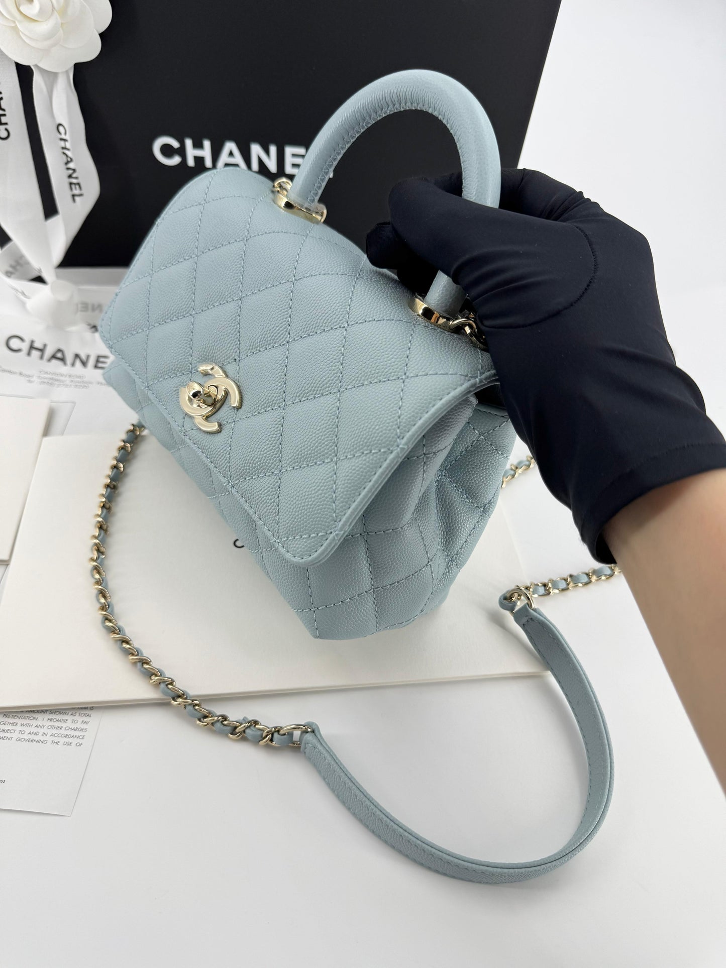 Chanel baby blue grained leather mini coco handle with light gold hardware