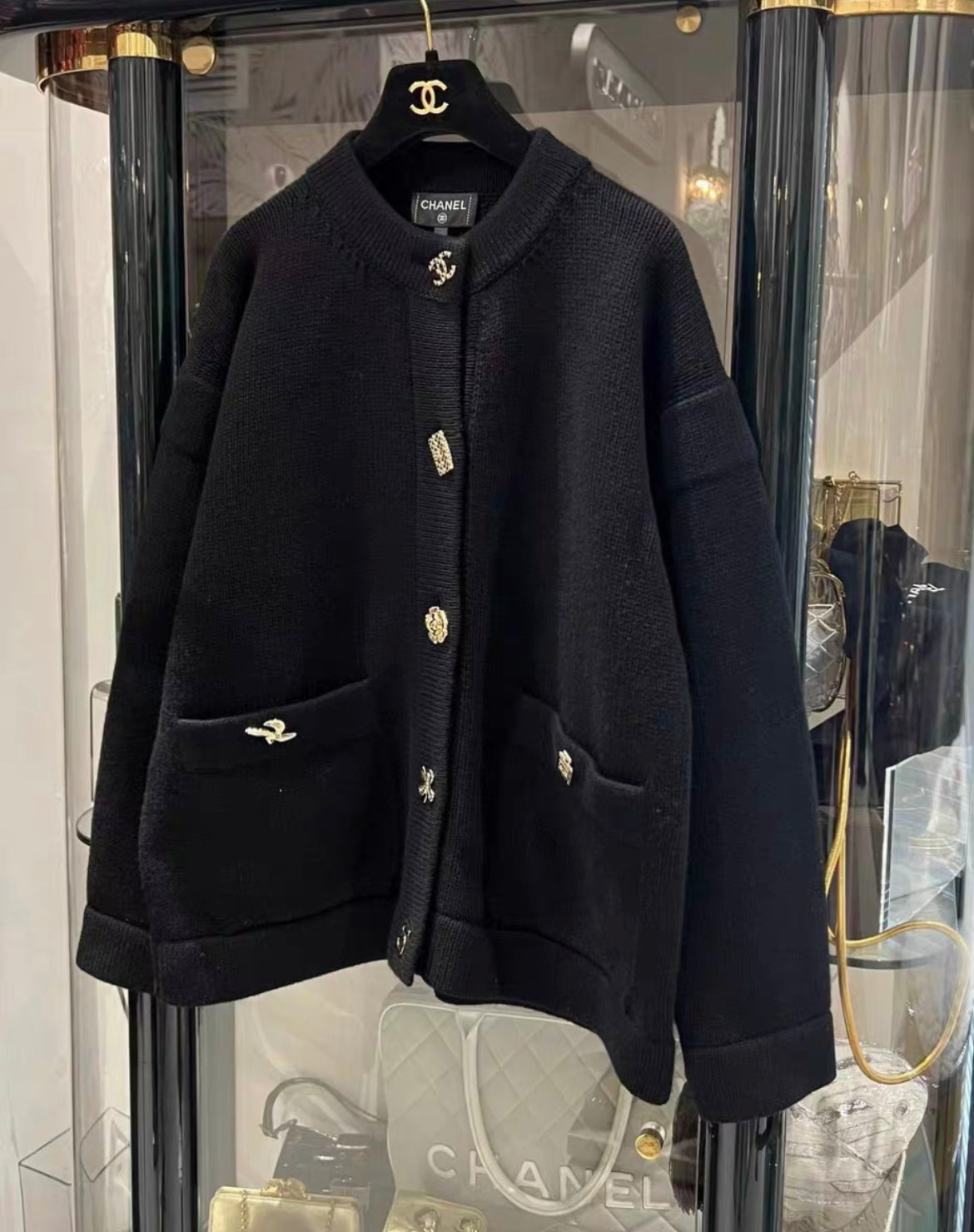 Chanel 22B multi-element cashmere cardigan, black with light gold