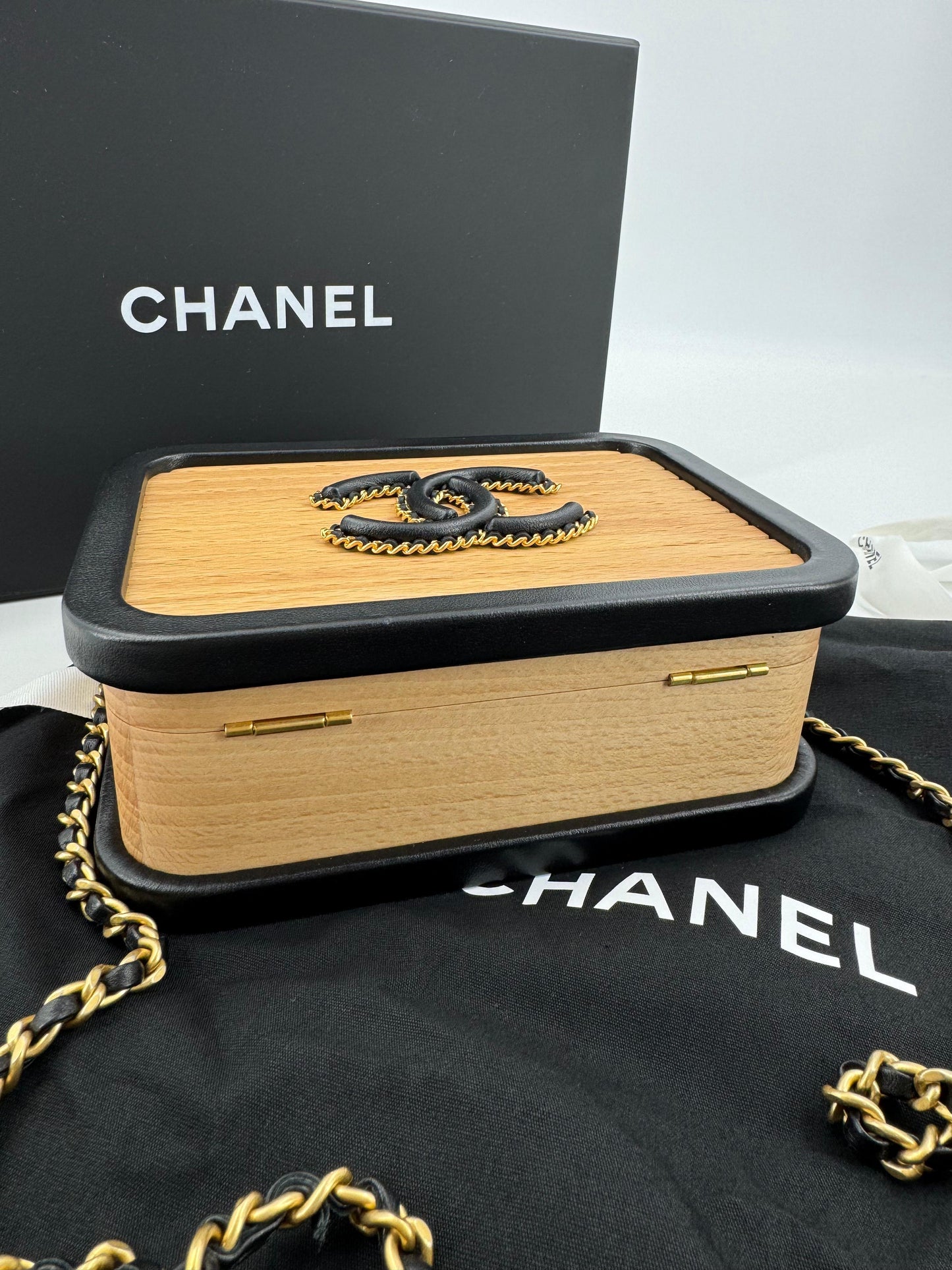 Chanel 2022 Beech Wood and Black Lambskin CC Vanity Case Brushed Gold Hardware