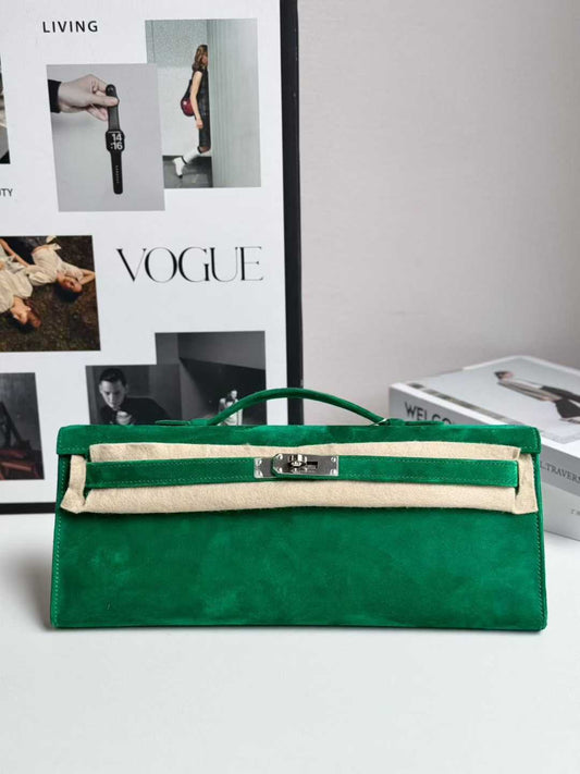 Hermès Kelly Cut Doblis suede Cactus Green Palladium Hardware