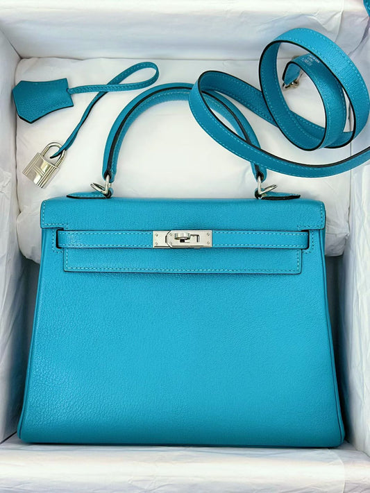 Hermes kelly 25 Turquoise Chevre leather palladium hardware