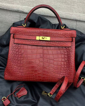 Hermes Kelly 32 rouge H matte alligator gold hardware