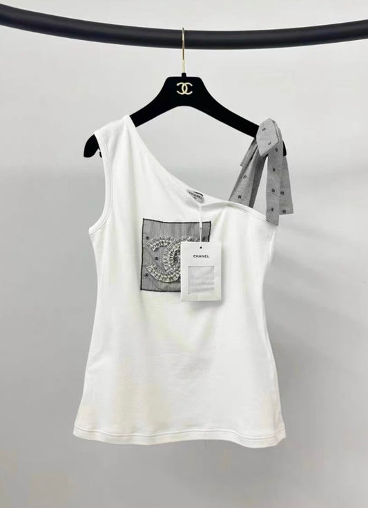 Chanel 24P BOW Top Knit Cotton White Black HUGE CRYSTAL PEARL CC LOGO