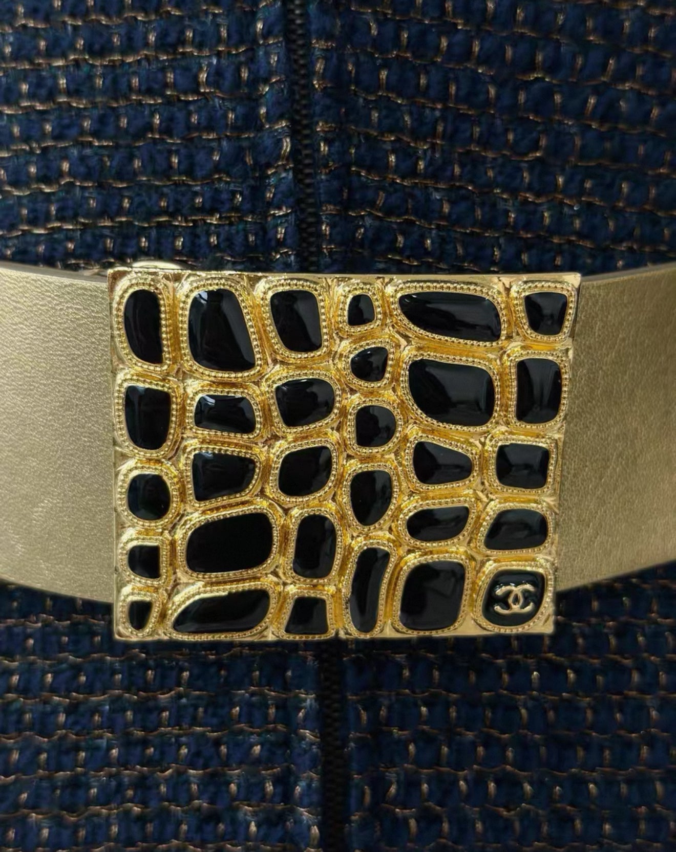 Chanel 19A Navy Blue & gold Embroidered Tweed dress